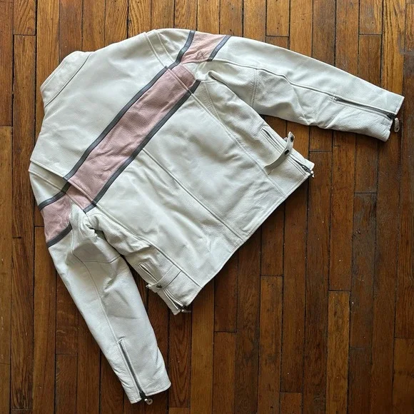 VTG 1990s Hot Leathers Motorcycle CAFE RACER Jacket XL White Pink RACING Stripe‎